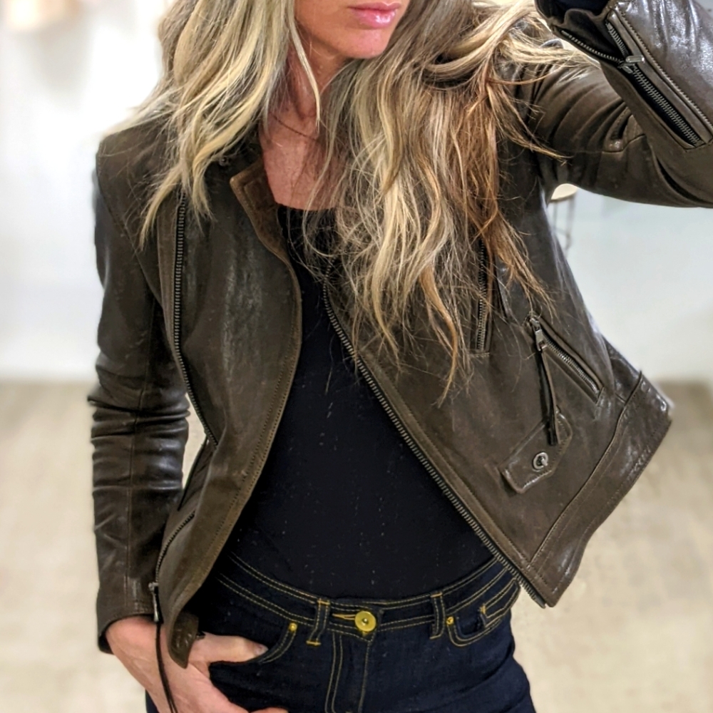 Coach Olive Brown Leather Moto Jacket